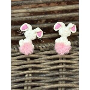 Vintage White and Pink Bunny Tail Earrings Easter Rabbit Cute